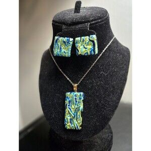 Vintage Handmade Dichroic Glass Jewelry Pendant & Clip-on Earrings, Cyan/Lime